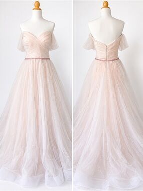 Angela & Alison Blush Pink Off-the-Shoulder Tulle Wedding Dress